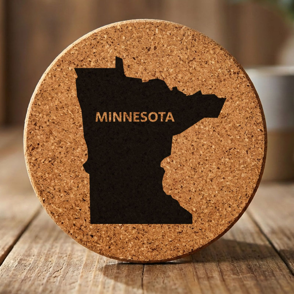 Minnesota round cork coaster engraved with the state shape and MINNESOTA in bold lettering