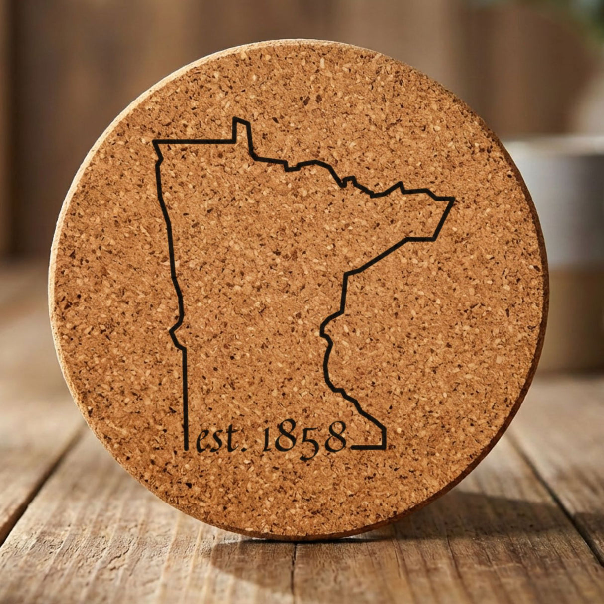Minnesota round cork coaster engraved with the state outline and est. 1858