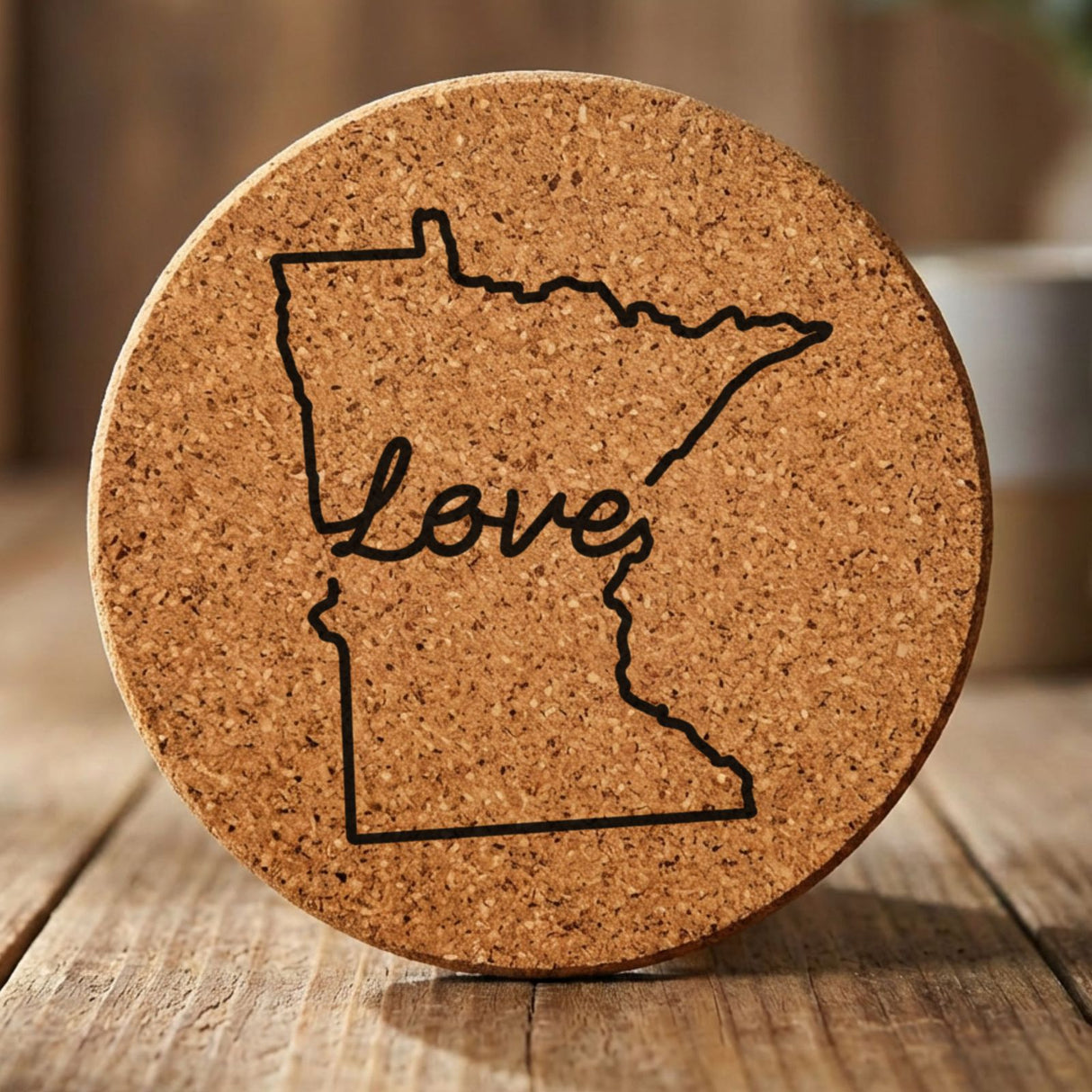 Minnesota round cork coaster engraved with a hand-drawn state outline and love in cursive