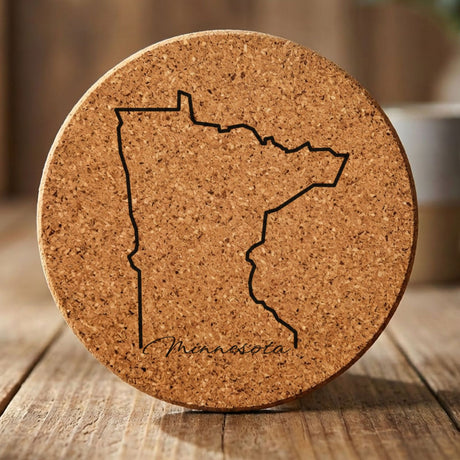 Minnesota round cork coaster engraved with the state outline and Minnesota in script lettering