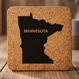 Minnesota square cork coaster engraved with the state shape and MINNESOTA in bold lettering