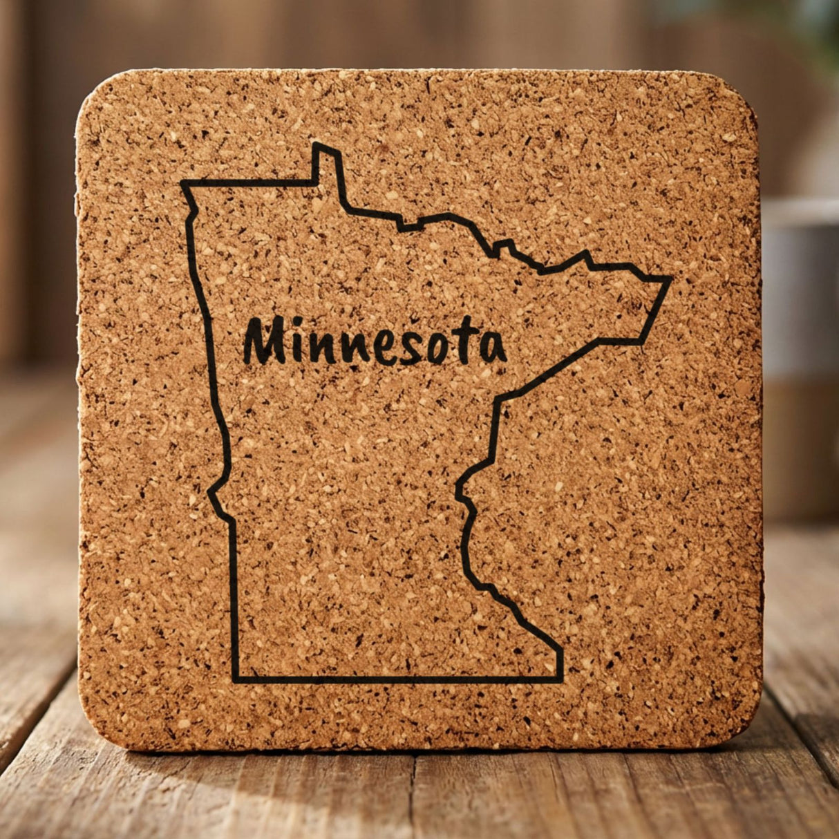 Minnesota square cork coaster engraved with the state outline and MINNESOTA in hand-drawn brush lettering