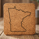 Minnesota square cork coaster engraved with a clean state outline