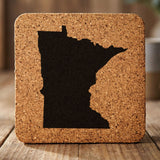 Minnesota square cork coaster with the full state shape engraved