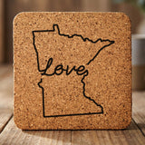 Minnesota square cork coaster engraved with a hand-drawn state outline and love in cursive