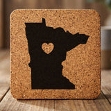 Minnesota square cork coaster engraved with the state shape and a heart