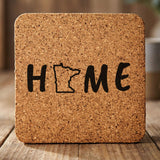 Minnesota square cork coaster engraved with HOME using the state outline as the letter O