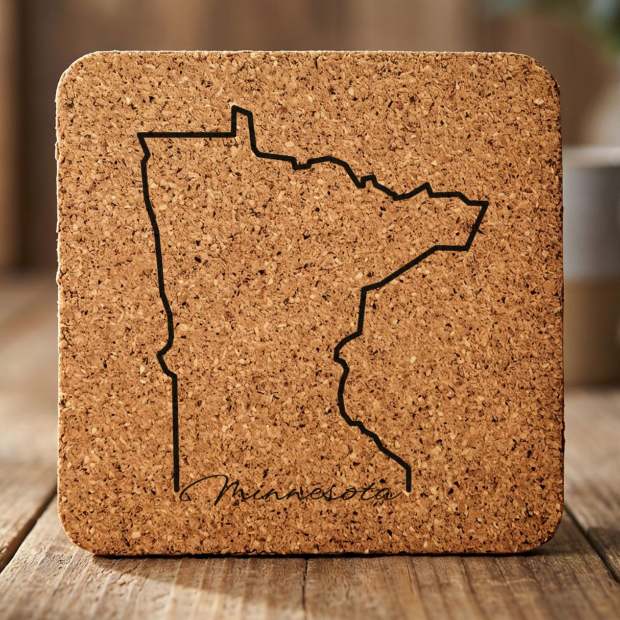 Minnesota square cork coaster engraved with the state outline and Minnesota in script lettering
