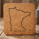 Minnesota square cork coaster engraved with the state outline and Minnesota in script lettering