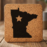 Minnesota square cork coaster engraved with the state shape and a star