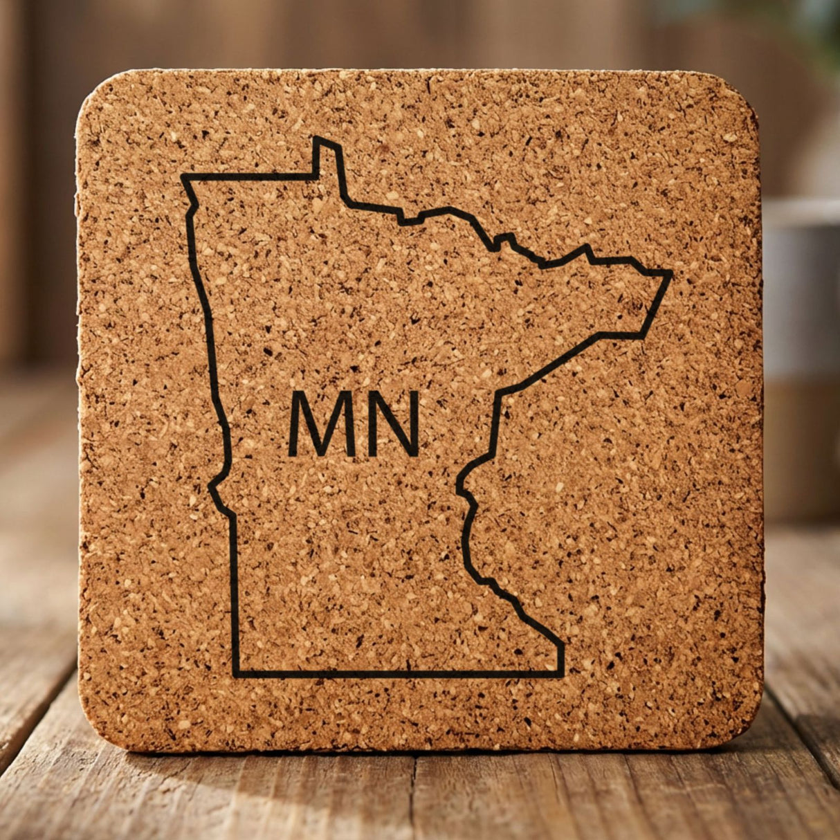 Minnesota square cork coaster engraved with the state outline and MN initials