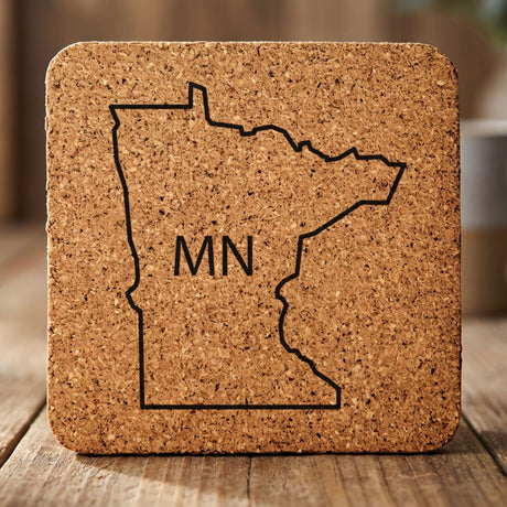 Minnesota square cork coaster engraved with the state outline and MN initials