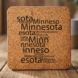 Minnesota square cork coaster engraved with a word cloud of repeating Minnesota text