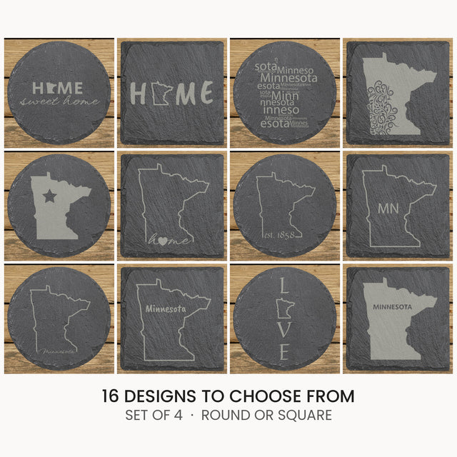 Minnesota slate coaster set, laser engraved natural stone