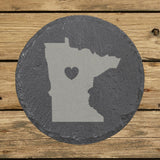Minnesota round slate coaster engraved with the state shape and a heart