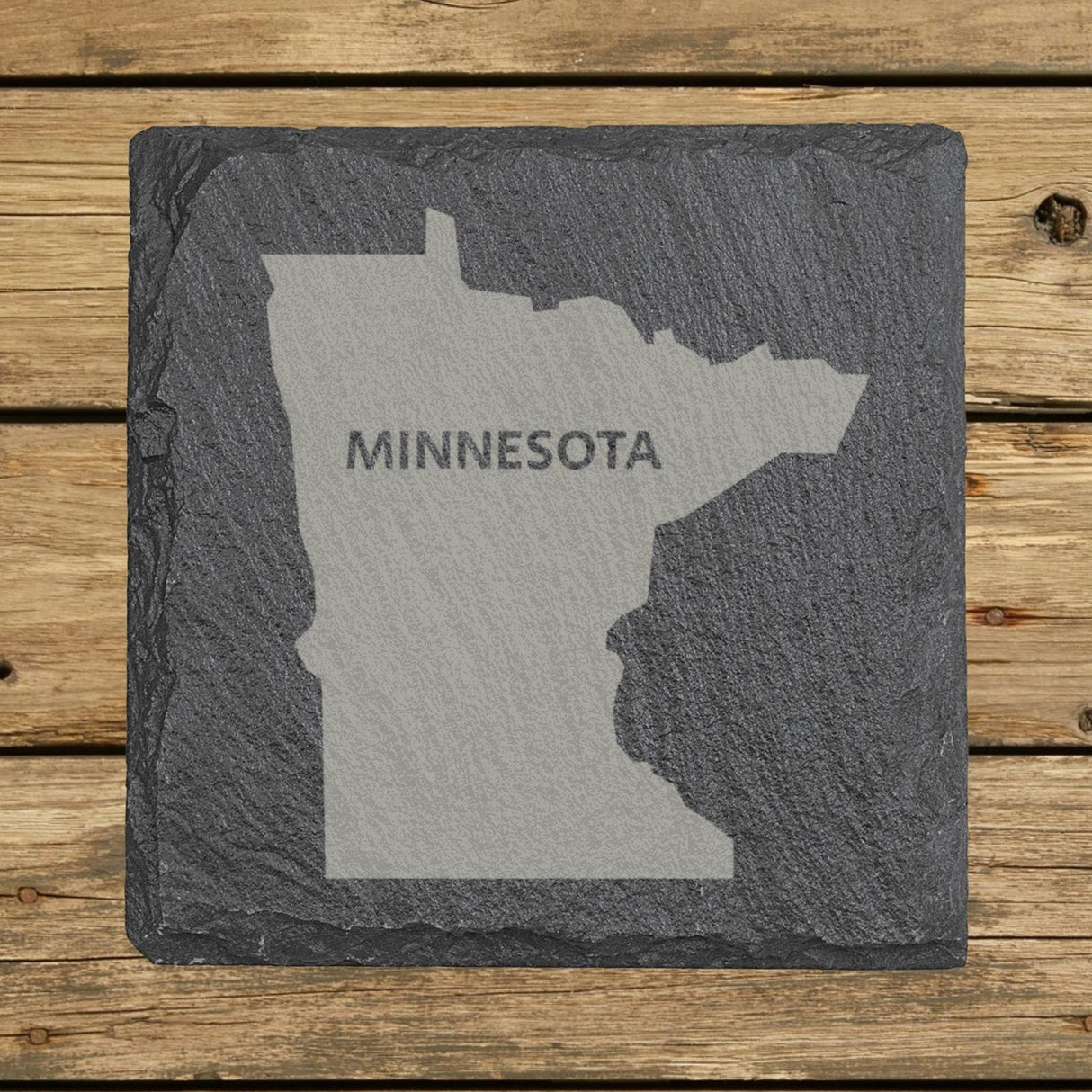 Minnesota square slate coaster engraved with the state shape and MINNESOTA in bold lettering