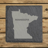 Minnesota square slate coaster engraved with the state shape and MINNESOTA in bold lettering