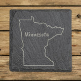 Minnesota square slate coaster engraved with the state outline and MINNESOTA in hand-drawn brush lettering