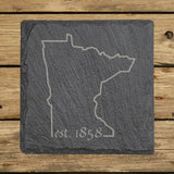 Minnesota square slate coaster engraved with the state outline and est. 1858