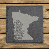Minnesota square slate coaster engraved with the state shape in ornate floral scrollwork