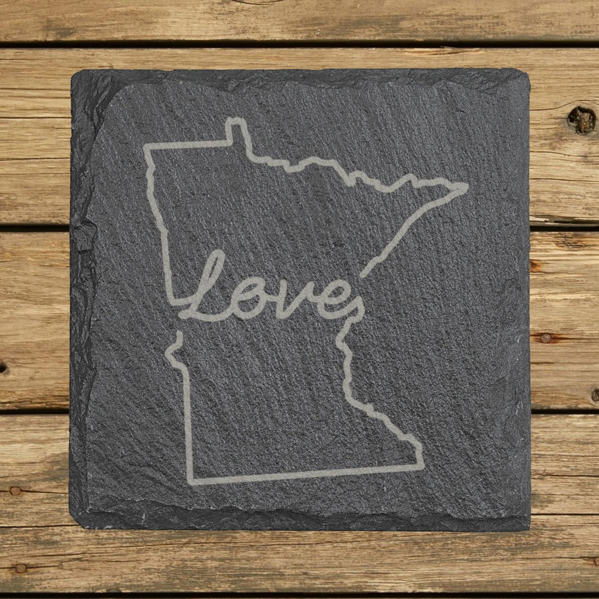 Minnesota square slate coaster engraved with a hand-drawn state outline and love in cursive