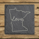 Minnesota square slate coaster engraved with a hand-drawn state outline and love in cursive