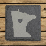 Minnesota square slate coaster engraved with the state shape and a heart