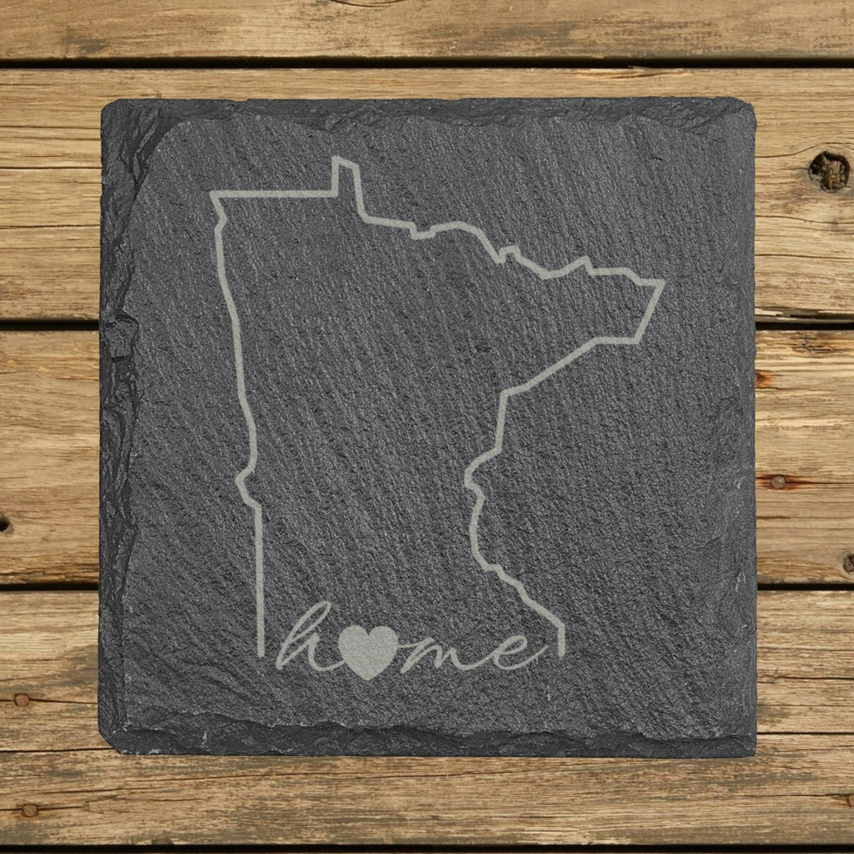Minnesota square slate coaster engraved with the state outline and home in script with a heart