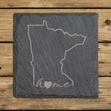 Minnesota square slate coaster engraved with the state outline and home in script with a heart