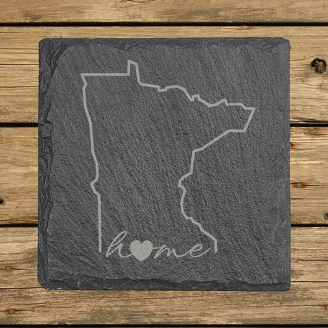 Minnesota square slate coaster engraved with the state outline and home in script with a heart