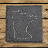 Minnesota square slate coaster engraved with the state outline and Minnesota in script lettering