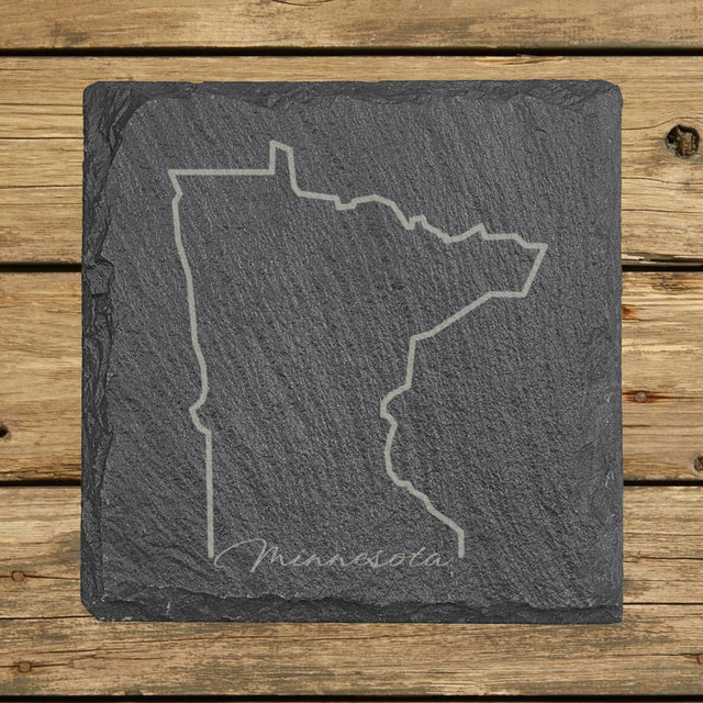 Minnesota square slate coaster engraved with the state outline and Minnesota in script lettering