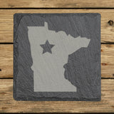 Minnesota square slate coaster engraved with the state shape and a star