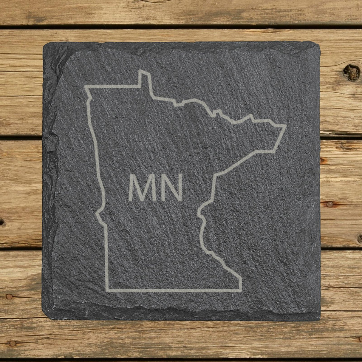 Minnesota square slate coaster engraved with the state outline and MN initials