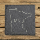 Minnesota square slate coaster engraved with the state outline and MN initials