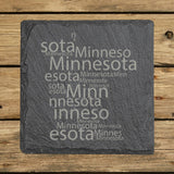 Minnesota square slate coaster engraved with a word cloud of repeating Minnesota text