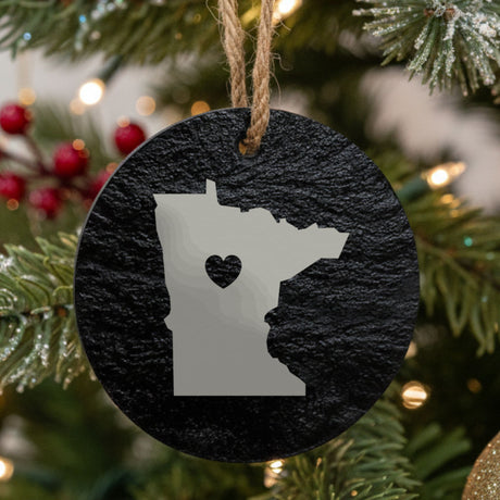 Minnesota round slate Christmas ornament engraved with the state shape and a heart