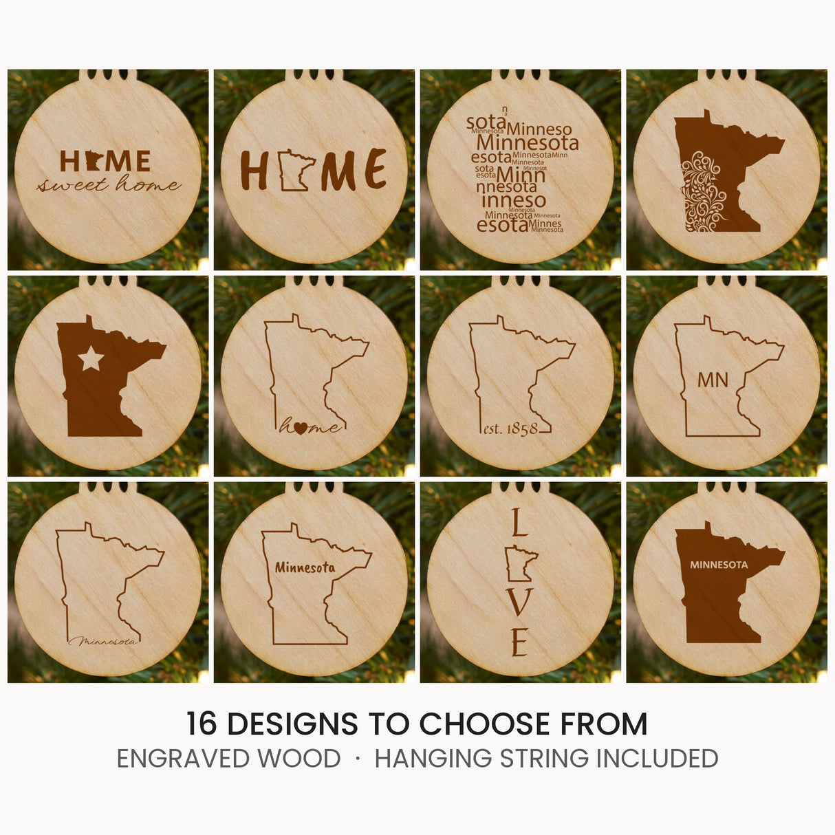 Minnesota wood Christmas ornament, laser engraved natural wood