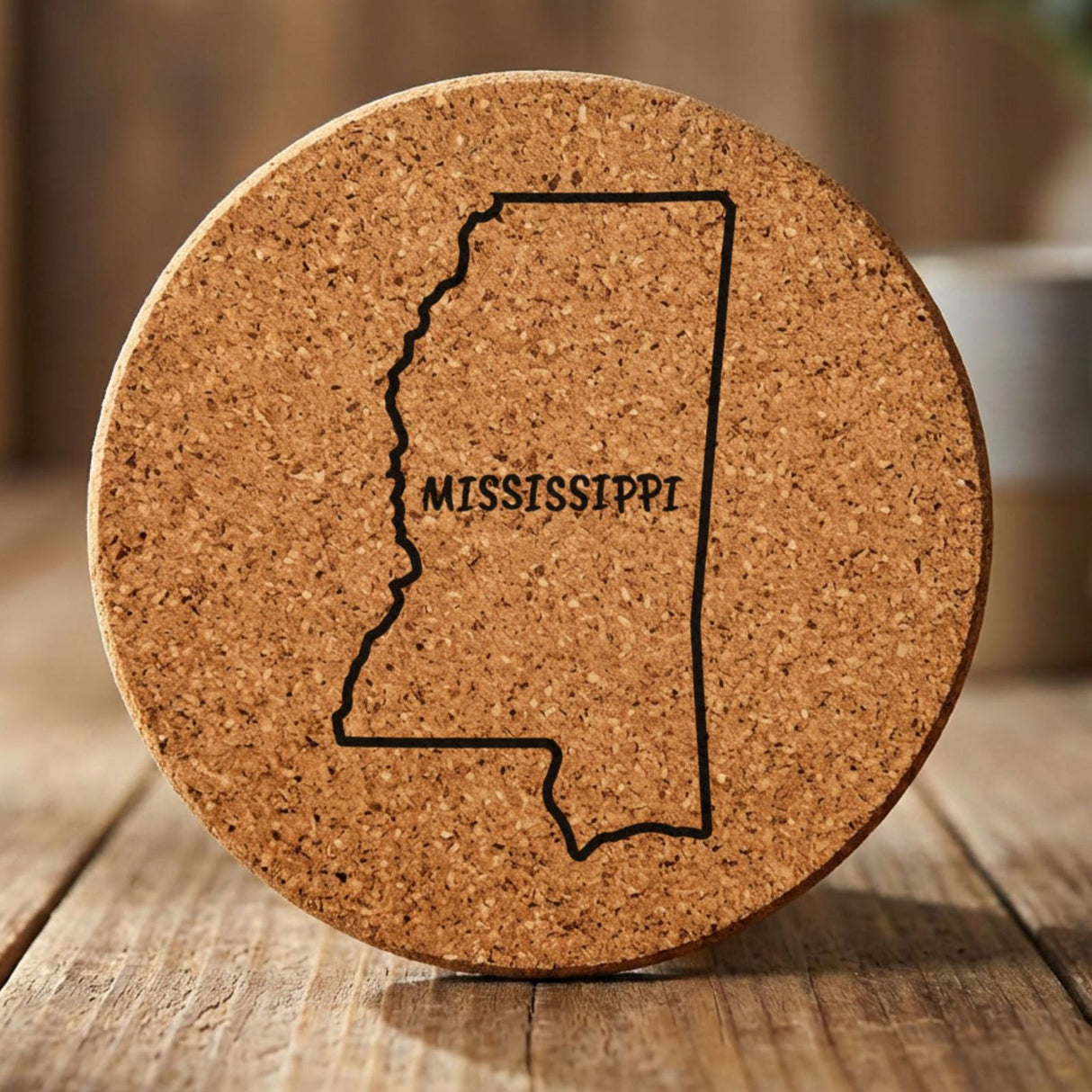 Mississippi round cork coaster engraved with the state outline and MISSISSIPPI in hand-drawn brush lettering