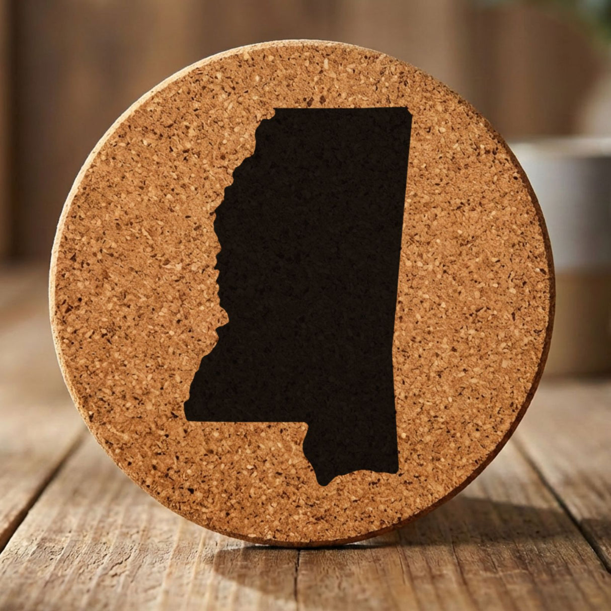 Mississippi round cork coaster with the full state shape engraved