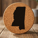 Mississippi round cork coaster with the full state shape engraved