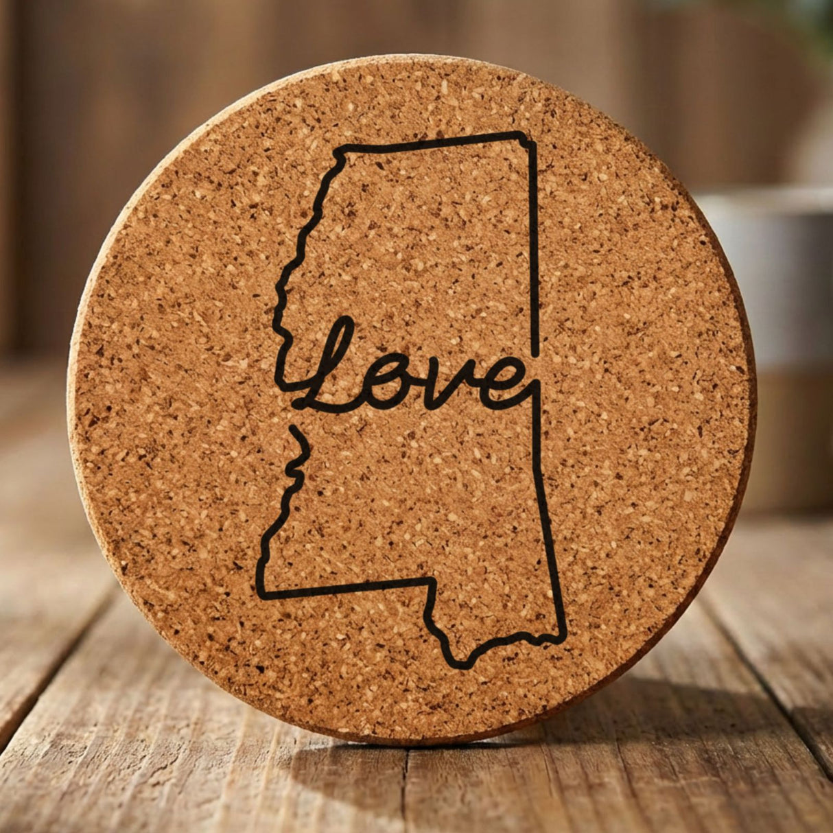 Mississippi round cork coaster engraved with a hand-drawn state outline and love in cursive