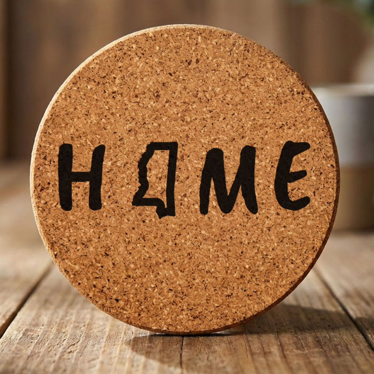 Mississippi round cork coaster engraved with HOME using the state outline as the letter O