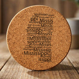 Mississippi round cork coaster engraved with a word cloud of repeating Mississippi text
