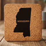 Mississippi square cork coaster engraved with the state shape and MISSISSIPPI in bold lettering