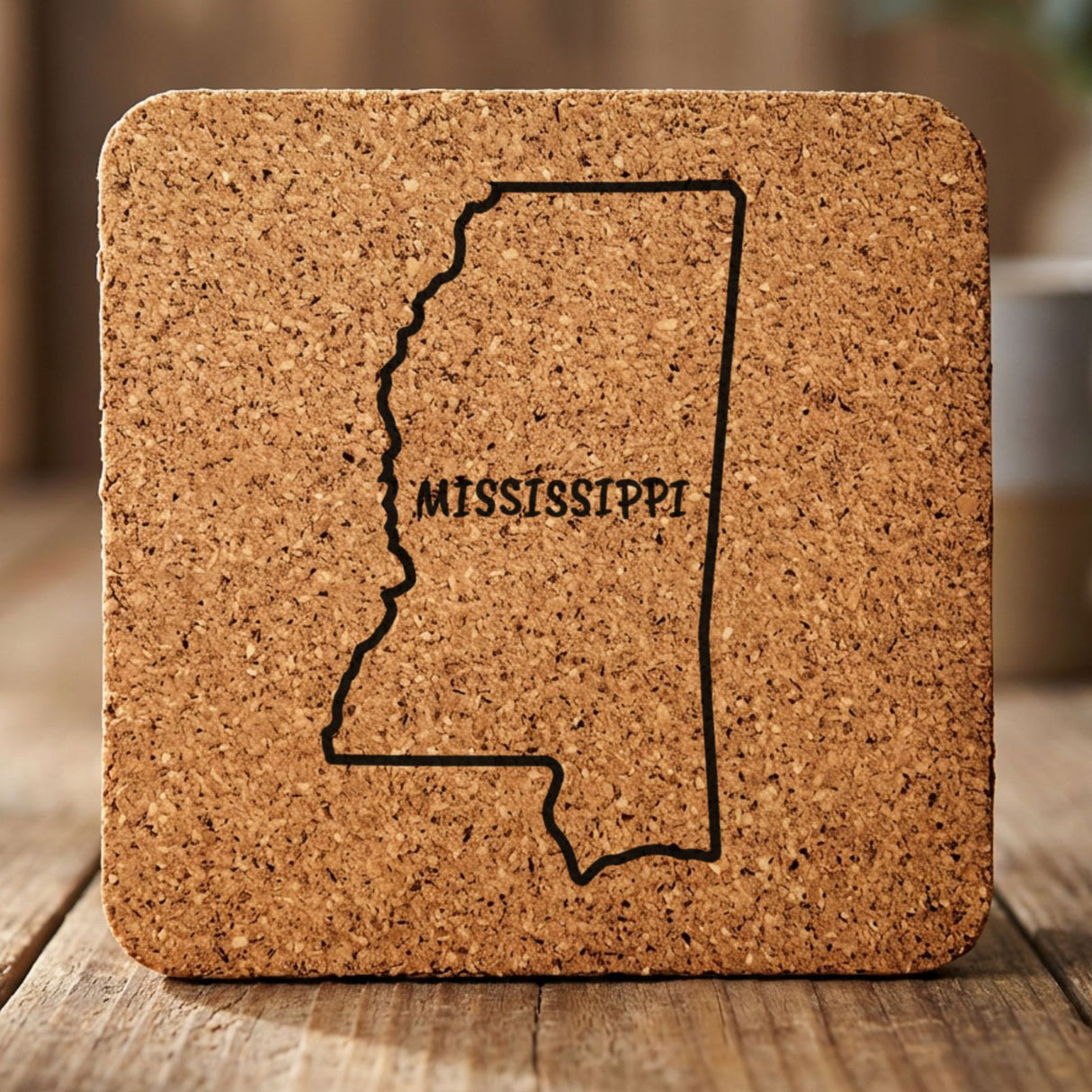 Mississippi square cork coaster engraved with the state outline and MISSISSIPPI in hand-drawn brush lettering