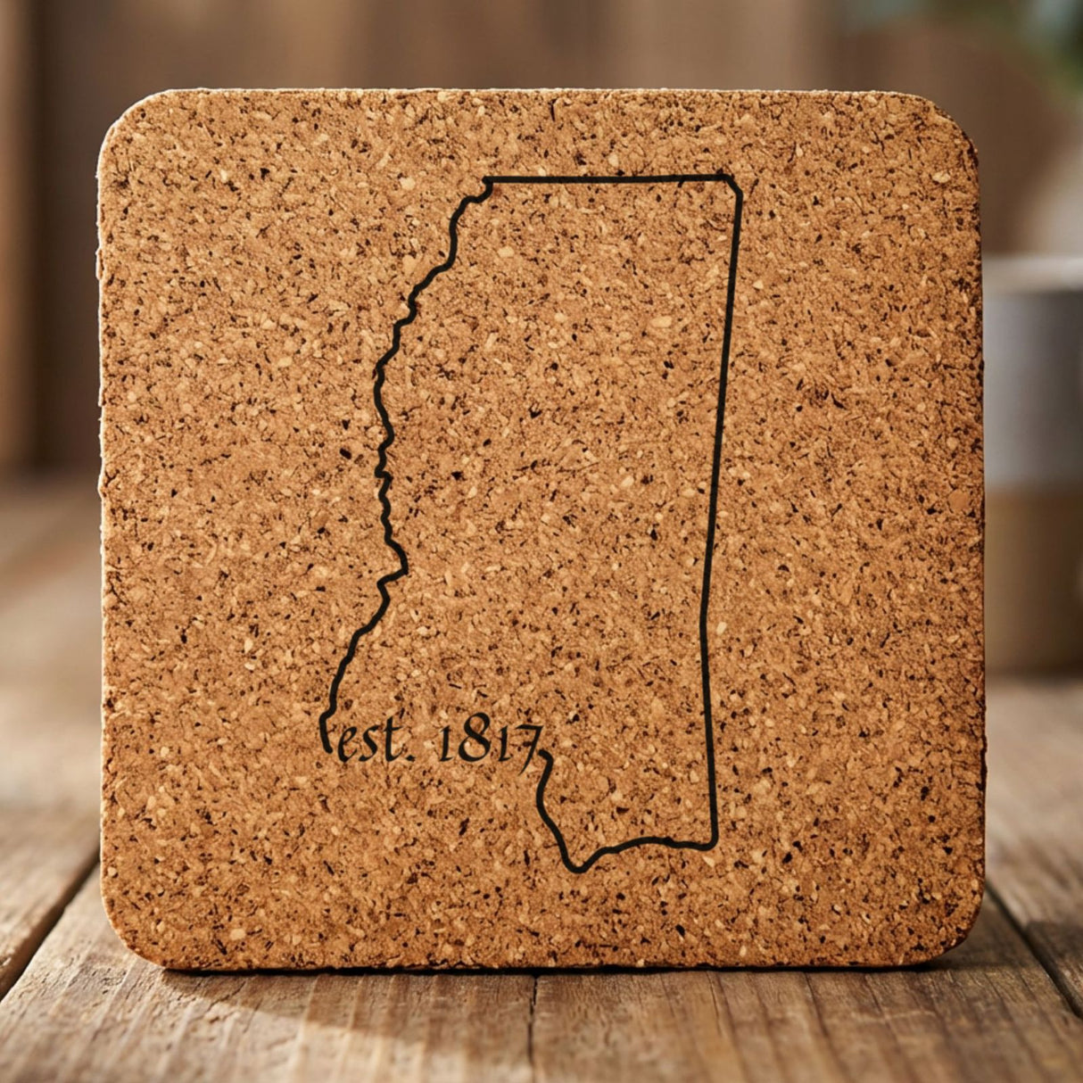 Mississippi square cork coaster engraved with the state outline and est. 1817