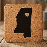 Mississippi square cork coaster engraved with the state shape and a heart