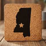 Mississippi square cork coaster engraved with the state shape and a star