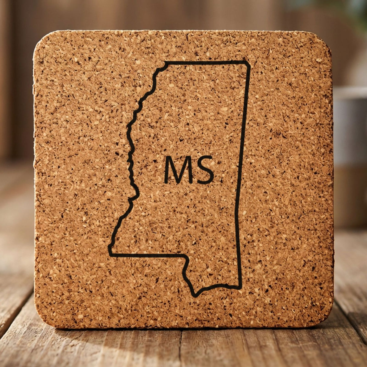 Mississippi square cork coaster engraved with the state outline and MS initials